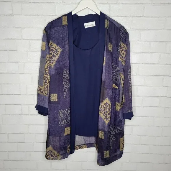 Dressbarn VINTAGE 90s Blue Green Chiffon Cardigan Blouse - Picture 1 of 4